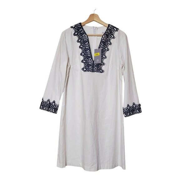 Preston & York Linen Blend Tabitha Embroidery Dress White/Navy Tunic S 6 New - Picture 1 of 7